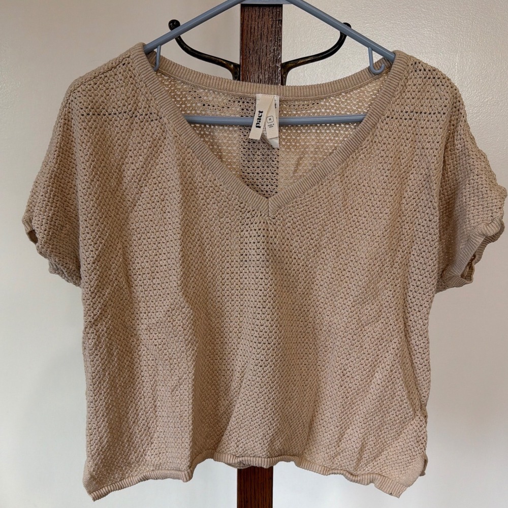 Pact Women Organic Cotton Linen Pointelle V-Neck Short Sleeve Sweater Tan M Boho